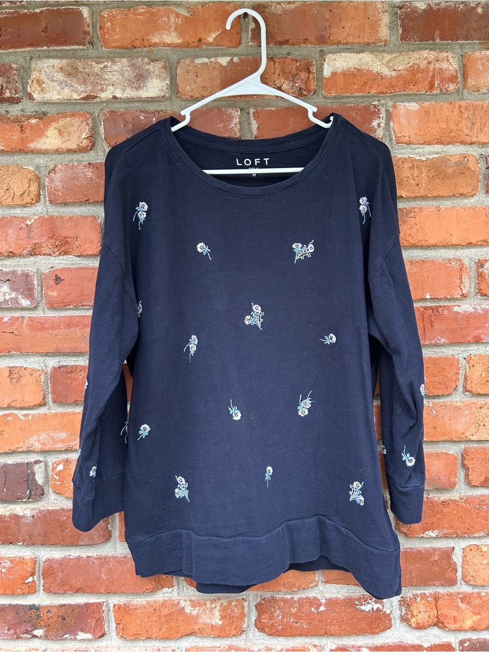 LOFT Navy Crewneck Sweater Floral Embroidery M